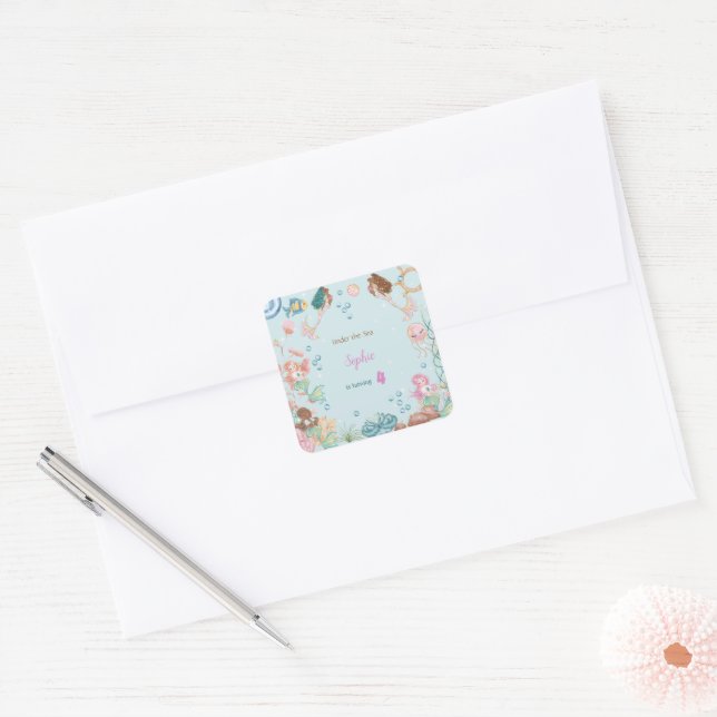 Unter dem Kindergeburtstag Mermaids Quadratischer Aufkleber (Umschlag)
