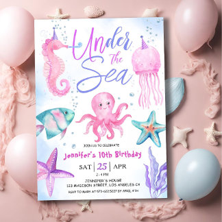 Unter dem Meer! 10. Geburtstag Girl Pink Ocean Einladung
