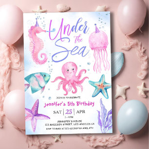 Unter dem Meer! 5. Geburtstagsmädchen Pink Ocean Einladung