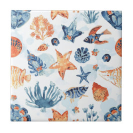 Unter dem Meer | Aquarell-Korallen-Ozean-Tiere Fliese