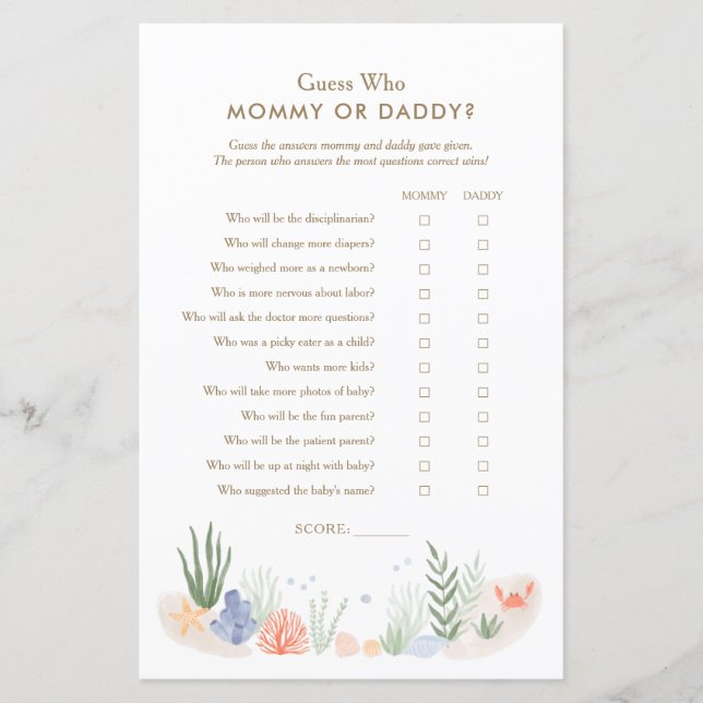 Unter dem Meer Babydusche raten, wer Mama oder Pap (Vorderseite)