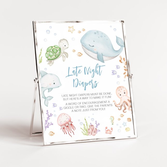 Unter dem Meer Babydusche Spätabenteuer Windeln Poster (Sea Creatures Ocean Baby Shower Late Night Diapers Sign)