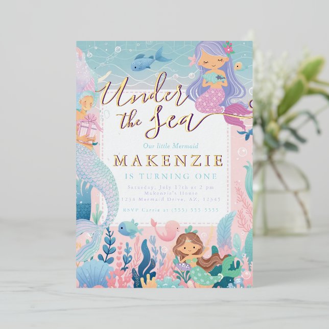 Unter dem Meer Birthday Meerjungfrau Folieneinladung (Stehend vorne)