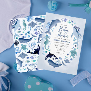 Unter dem Meer Blaue Aquarell-Baby-Party für Junge Einladung