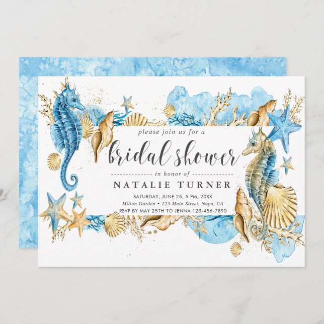 Unter dem Meer Blauen und Gold Bridal Dusche Einla Einladung (Vorne/Hinten)