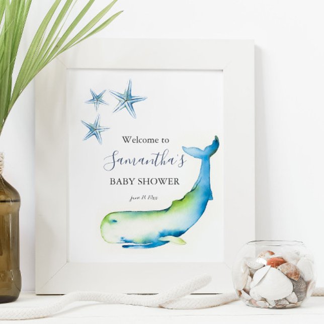 Unter dem Meer Blauer Whale Babyduschplakate Poster (nautical blue whale baby shower posters watercolor art by Victoria Grigaliunas Do Tell A Belle)