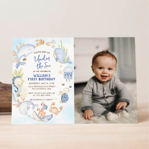 Unter dem Meer Blaues Jungen Erster Geburtstag Einladung
