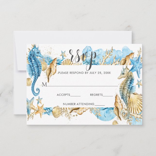 Unter dem Meer Blue Gold White Summer Wedding RSVP (Vorderseite)
