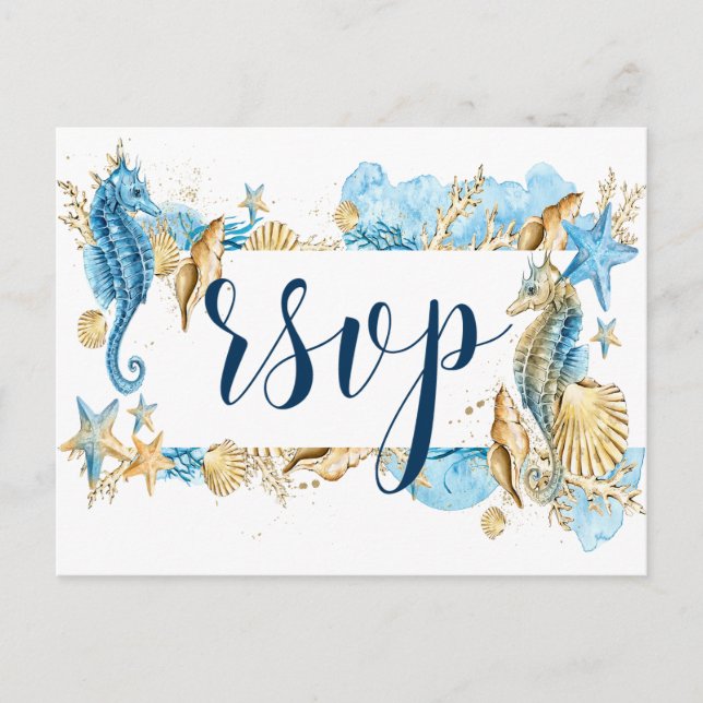 Unter dem Meer Blue Gold White Summer Wedding RSVP Einladungspostkarte (Vorderseite)