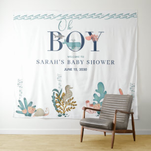 Unter dem Meer Blue Watercolor Oh Boy Baby Shower Wandteppich