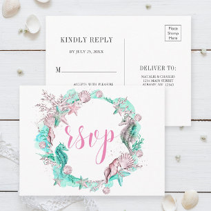 Unter dem Meer Cyan Pink Weiße Sommer-RSVP Einladungspostkarte