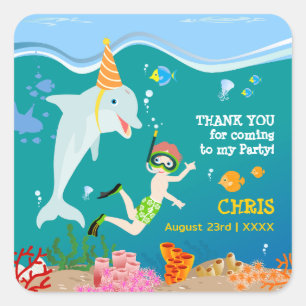 Unter dem Meer Delphine und Jungen Geburtstagspart Quadratischer Aufkleber