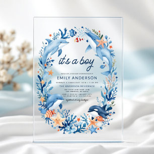 Unter dem Meer Es ist ein Junge Blau Baby Shower Acryleinladungen