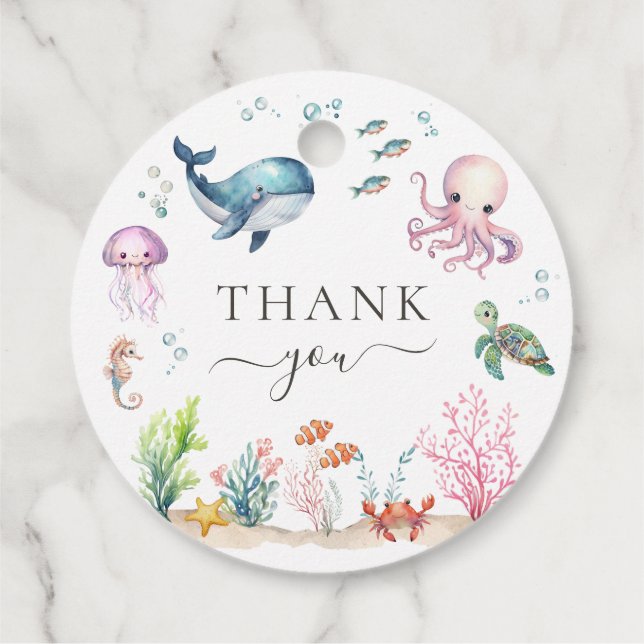 Unter dem Meer farbenfrohe Meerestiere Babydusche Geschenkanhänger (Rückseite)