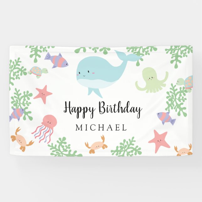 Unter dem Meer Geburtstag Niedliches Kawaii Pastel Banner (Horizontal)