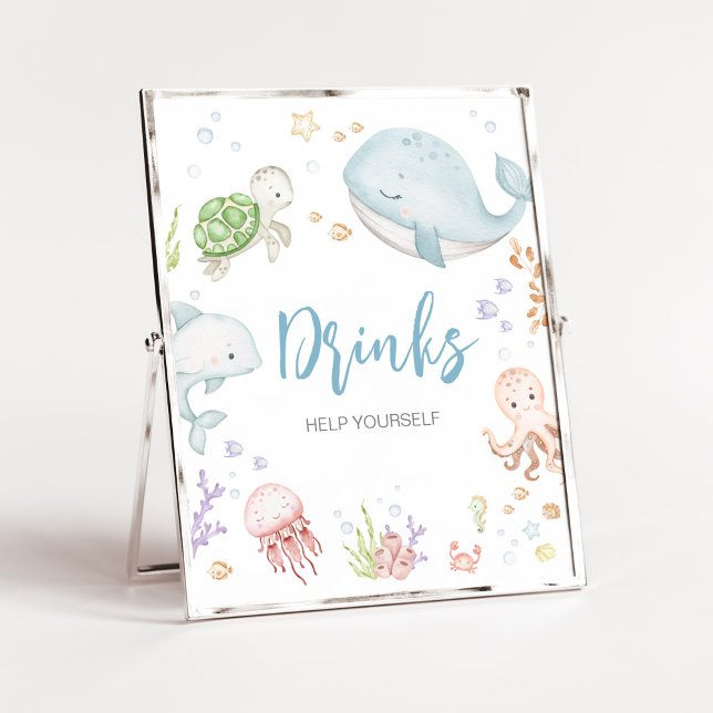 Unter dem Meer gibt es Baby-Dusche-Getränke Poster (Sea Creatures Ocean Baby Shower Drinks Sign)