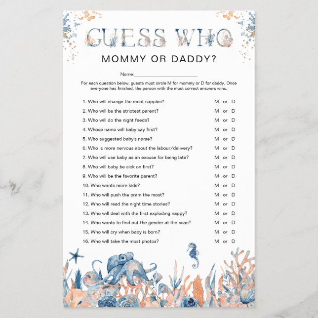 Unter dem Meer "Guess Who" Baby Shower Game Flyer (Vorne)
