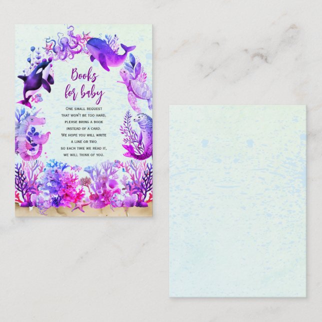 Unter dem Meer lila Bücher für die Babydusche Begleitkarte (Vorne/Hinten)