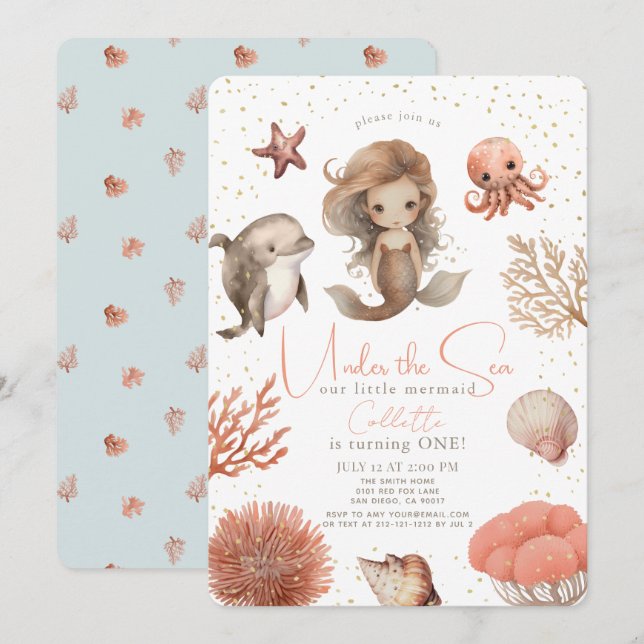 Unter dem Meer Meerjungfrau Mädchen 1. Geburtstag Einladung (Vorne/Hinten)