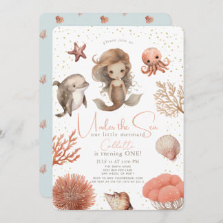 Unter dem Meer Meerjungfrau Mädchen 1. Geburtstag Einladung