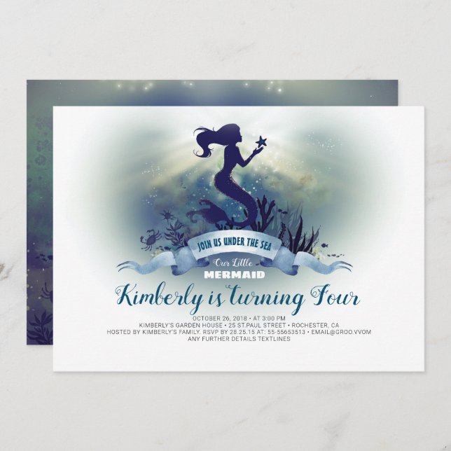 Unter dem Meer - Meerjungfrau und Starfish Geburts Einladung (Vorne/Hinten)