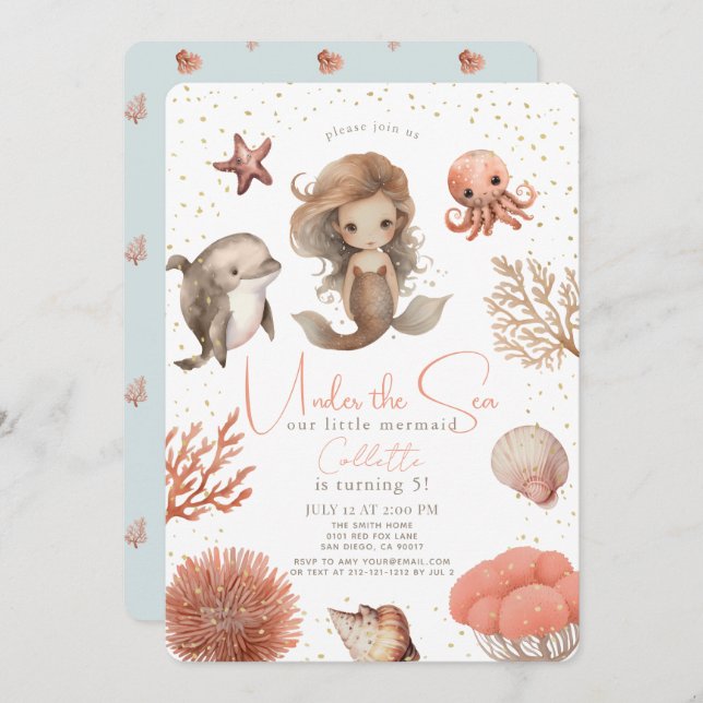 Unter dem Meer Meerjungfrau Wasser Farbe Geburtsta Einladung (Vorne/Hinten)