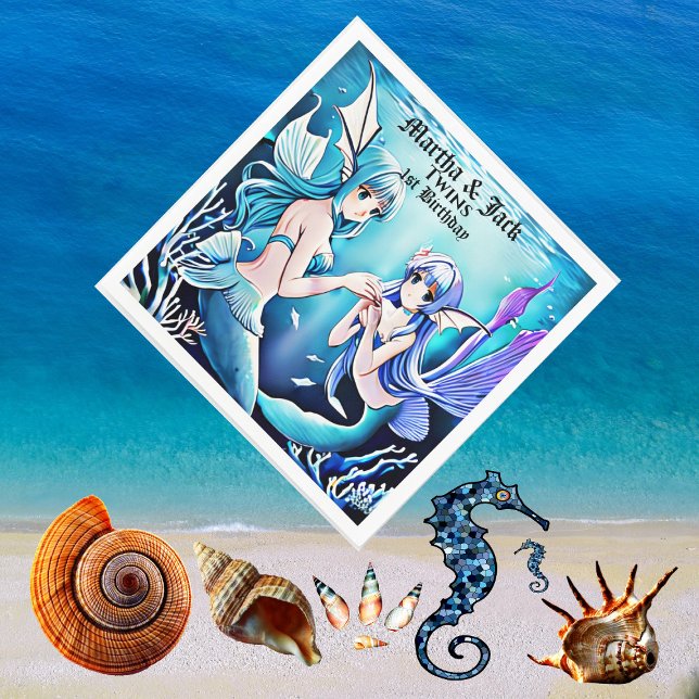 Unter dem Meer Mermaids Blue Water Twins Geburtsta Serviette (Under The Sea Mermaids Blue Water Twins Birthday Napkins)
