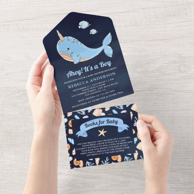 Unter dem Meer Narwhal Navy Blue Baby Dusche All In One Einladung (Abreißen)