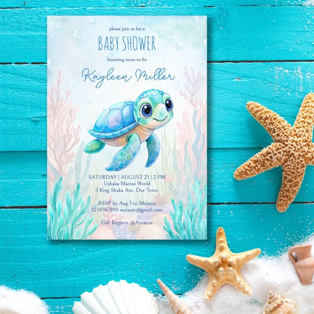 Unter dem Meer niedliche Schildkröte Aqua Blue Bab Einladung (Under the sea cute baby sea turtle aqua blue boy baby shower invitation editable template digital)