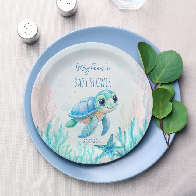 Unter dem Meer niedliche Schildkröte Aqua Blue Bab Pappteller (Under the sea cute baby sea turtle aqua blue boy baby shower printed paper plates personalized decor)