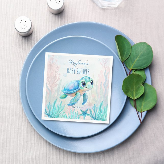 Unter dem Meer niedliche Schildkröte Aqua Blue Bab Serviette (Under the sea cute baby sea turtle aqua blue boy baby shower personalized monogram printed napkins )