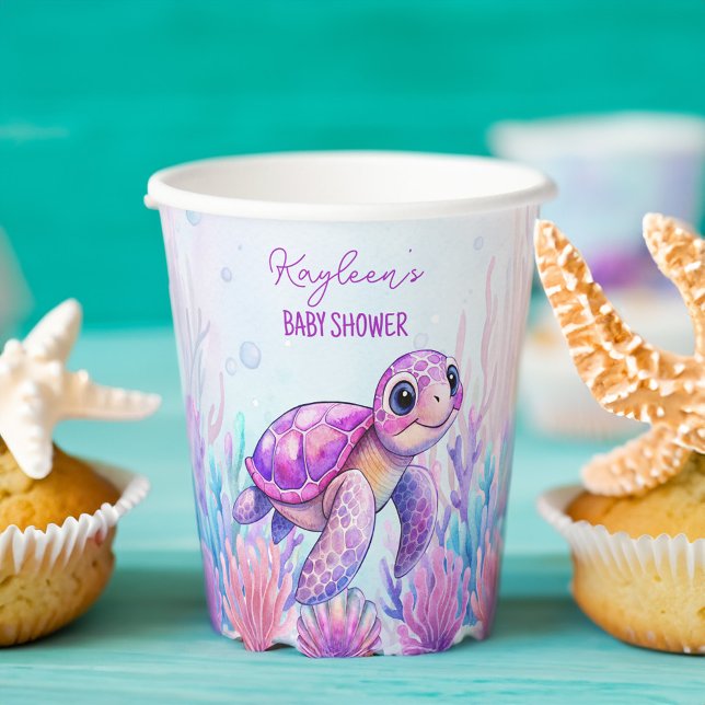Unter dem Meer niedliche Schildkröte lila rosa Bab Pappbecher (Under the sea cute turtle purple pink girls baby shower monogram personalized printed paper cups)