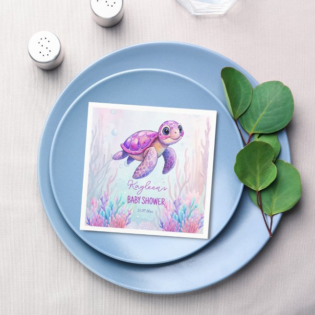 Unter dem Meer niedliche Schildkröte lila rosa Bab Serviette (Under the sea cute turtle purple pink girl baby shower personalized printed napkins template)