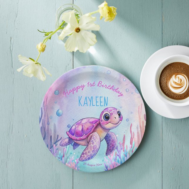 Unter dem Meer niedliche Schildkröte rosa lila Geb Pappteller (Under the sea cute turtle pink purple girls birthday party happy birthday paper plates table decor)