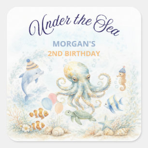 Unter dem Meer Ozean Tiere Oktopus Geburtstag Quadratischer Aufkleber