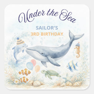 Unter dem Meer Ozean Tiere Wal Geburtstag Quadratischer Aufkleber