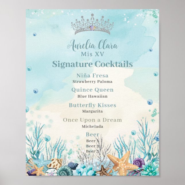 Unter dem Meer Quinceanera Cocktails Bar Menu Poster (Vorne)