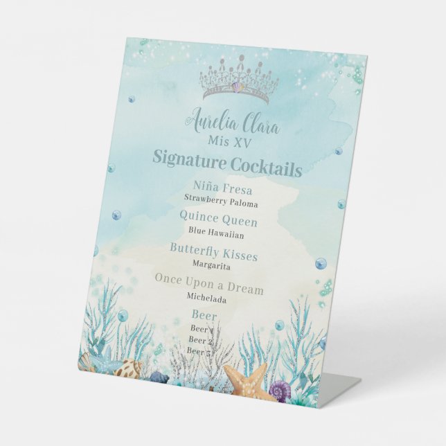 Unter dem Meer Quinceanera Cocktails Bar Menu Sockelschild (Vorderseite)