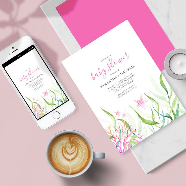 Unter dem Meer rosa und grüne Babydusche Einladung (Baby Shower Invitation Under The Sea Pink and Green )