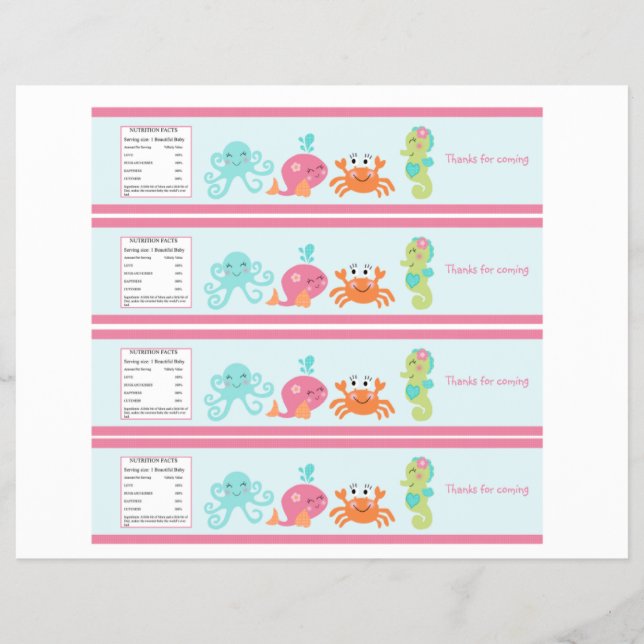 Unter dem Meer/Rosa Whale Wasser Flaschen Etikette Flyer (Vorne)