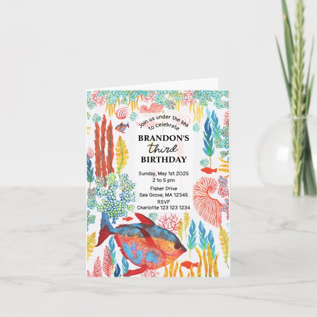 Unter dem Meer Tieraquarell Geburtstag Einladung (Vorderseite)