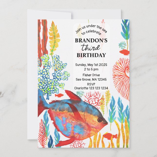 Unter dem Meer Tieraquarell Geburtstag Save The Date (Vorderseite)