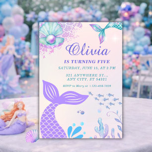 Unter dem Meer Violette Meerjungfrau 5. Geburtstag Einladung