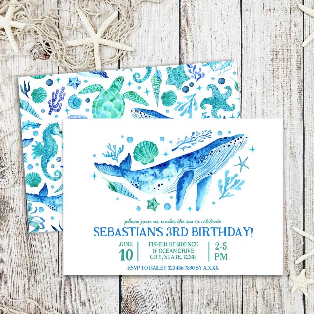 Unter dem Meer Wasserfarbe Blauer Wal 3. Geburtsta Einladung (Under The Sea Watercolor Blue Whale 3rd Birthday Invitation)