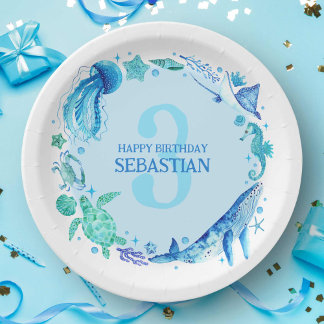 Unter dem Meer Wasserfarbe Blue 3. Geburtstag Pappteller