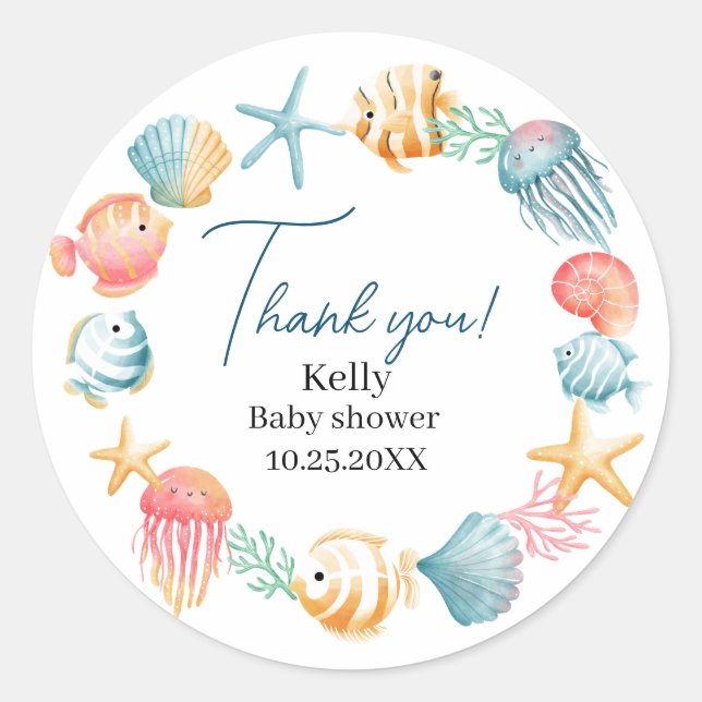 Unter dem Meer Watercolor Baby Dusche danke Runder Aufkleber (Vorderseite)