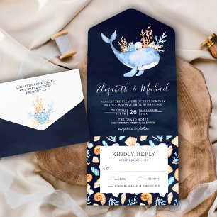 Unter dem Meer Whale Navy Blue Nautical Wedding All In One Einladung