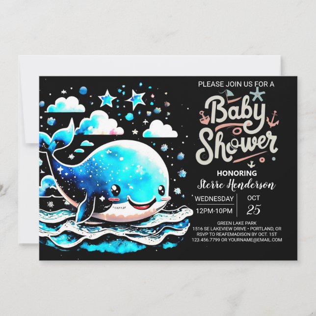 Unter dem Meer Whale Watercolor Boy Baby Shower Einladung (Vorderseite)