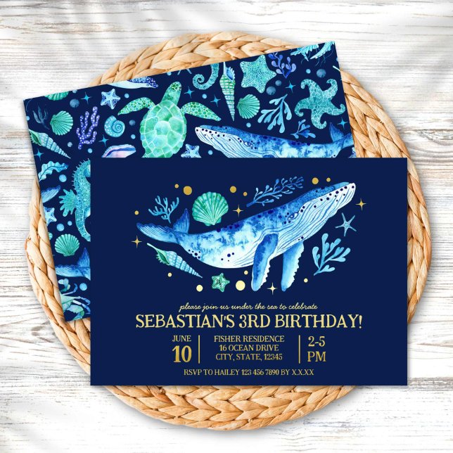 Unter dem Meer Whale Watercolor Marine Blue Birthd Folieneinladung (Under The Sea Whale Watercolor Navy Blue Birthday Foil Invitation)