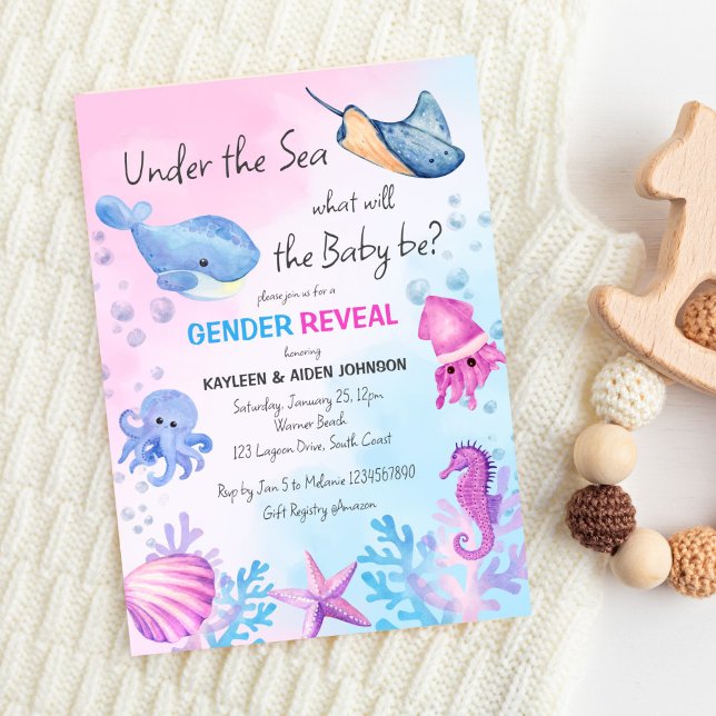 Unter dem Meeresgeschlecht finden sich niedliche S Einladung (Under the sea gender reveal invitation template digital download cute sea critters pink blue boy gir)